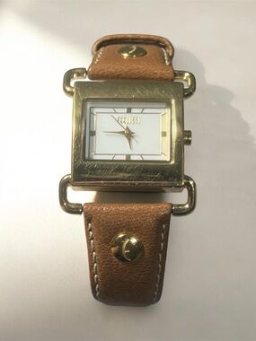 (177)Ecclissi Women's Gold-Tone Square Watch with Brown Leather Strap